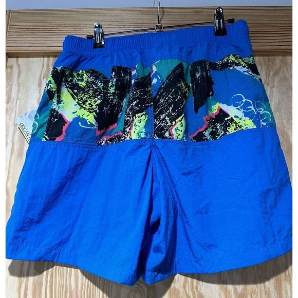 Vintage 90s OP Ocean Pacific Blue Neon Graphic Swim Trunk Shorts NOS Size Medium